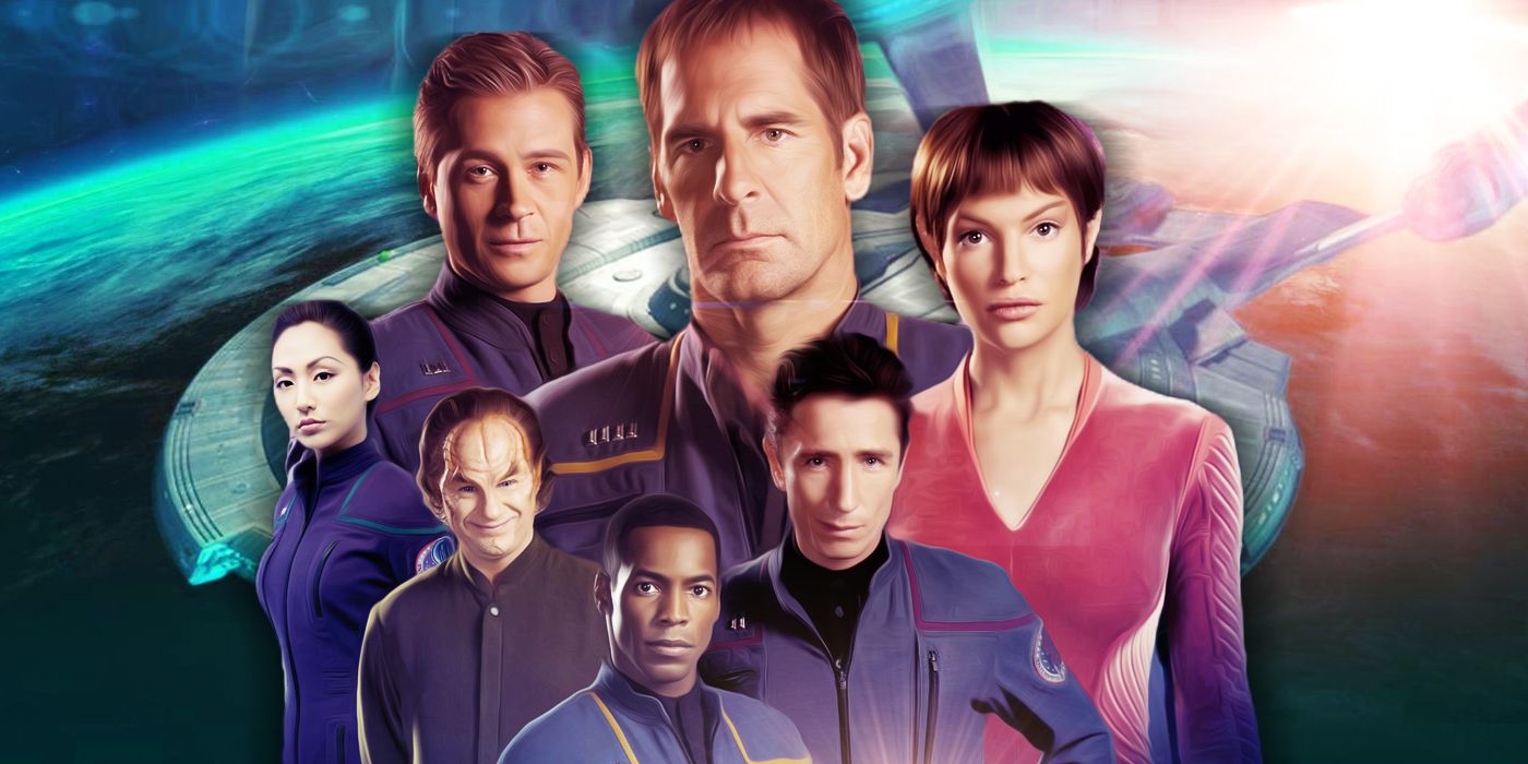 The cast of Star Trek Enterprise stand in front of the iconic starship and a planet