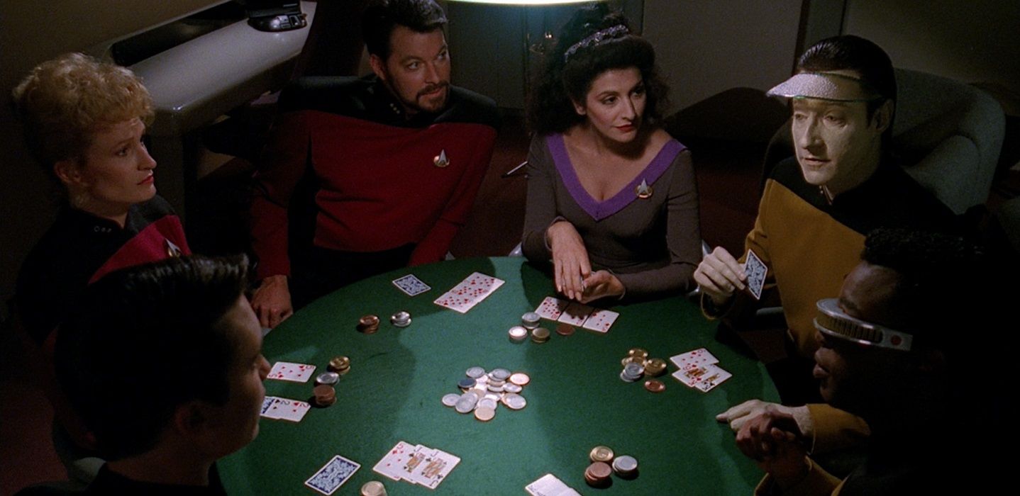 Cena de pôquer da próxima geração de Star Trek Riker Troi Wesley Crusher Worf Elizabeth Shelby