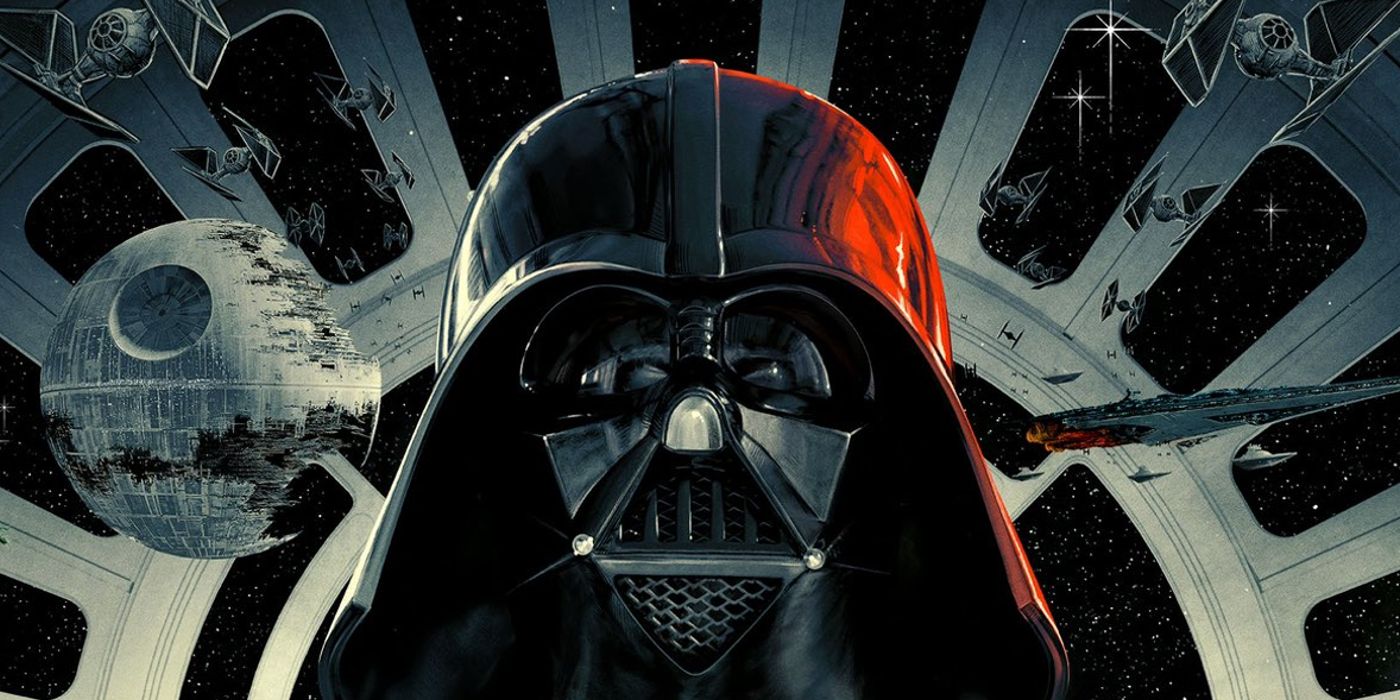 Darth Vader surrounded by the Death Star and other ships in the 40th anniversary poster for Star Wars: Return of the Jedi.