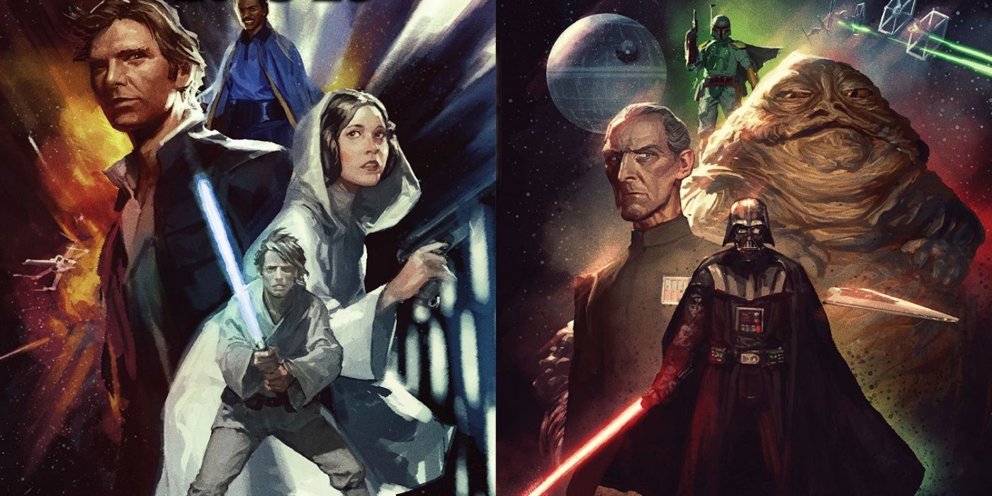 Imagem dividida dos heróis e vilões da Trilogia Original em Age of Rebellion.