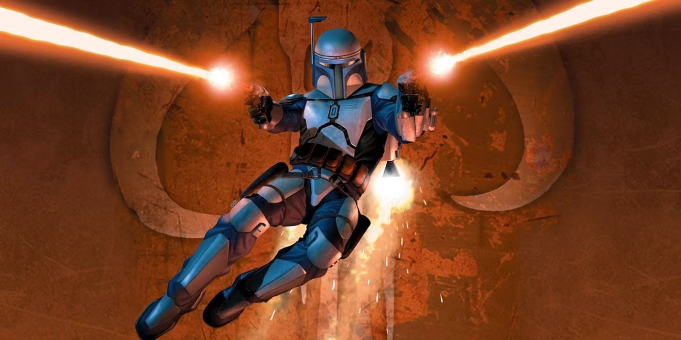 Jango Fett flying and firing a pair of pistols in Star Wars: Bounty Hunter game