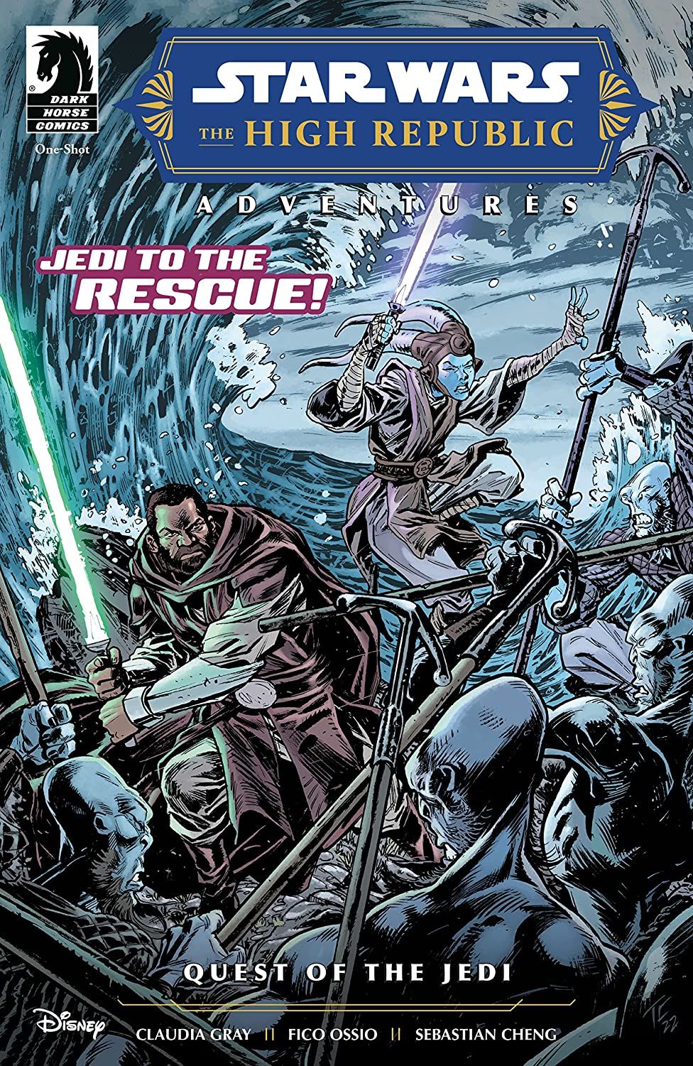 Barnabas Vim and Vix Fonnick have their lightsabers drawn on the cover of Star Wars: High Republic Adventures - Quest of the Jedi.
