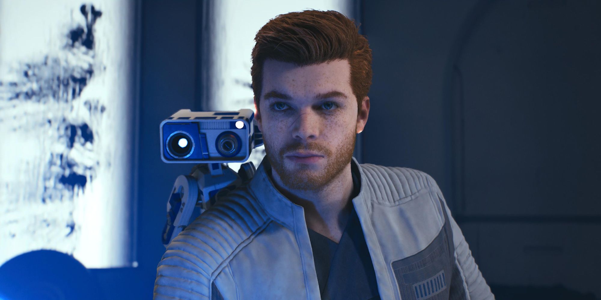 A close-up from Star Wars Jedi: Survivor of Cal with BD-1 on his shoulder