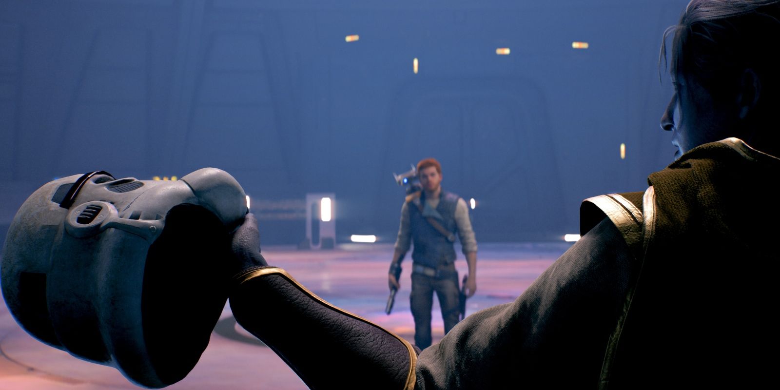 A mysterious figure holding a stormtrooper helmet questioning Cal in Star Wars Jedi: Survivor