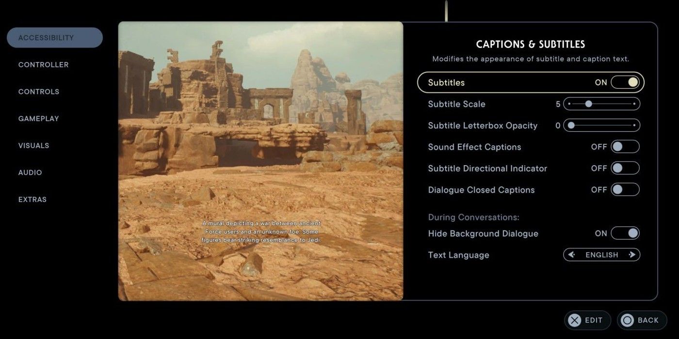 A screenshot of Star Wars Jedi Survivor's subtitle options