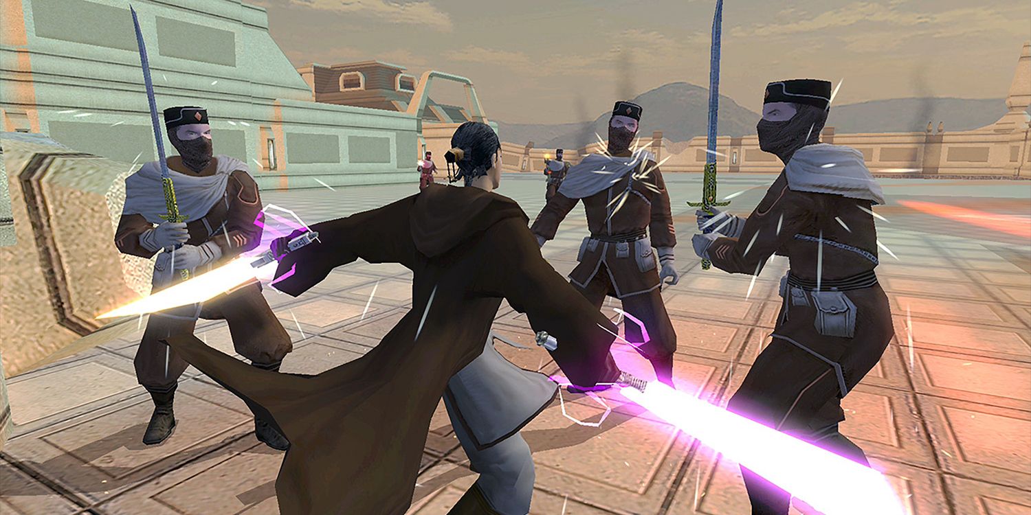 Star Wars Knights of the Old Republic Jedi fights 3 enemies with lightsabers