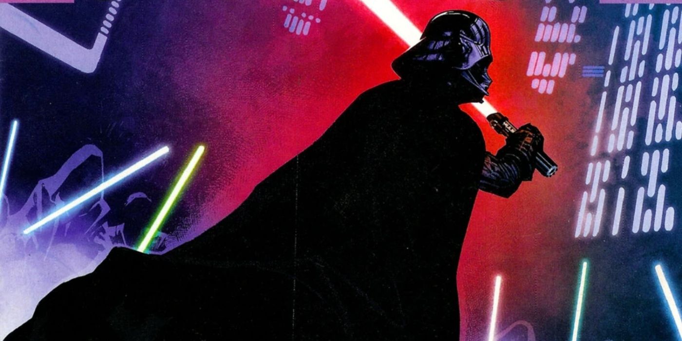 Darth Vader empunhando seu sabre de luz enquanto está cercado por um grupo de Jedi.