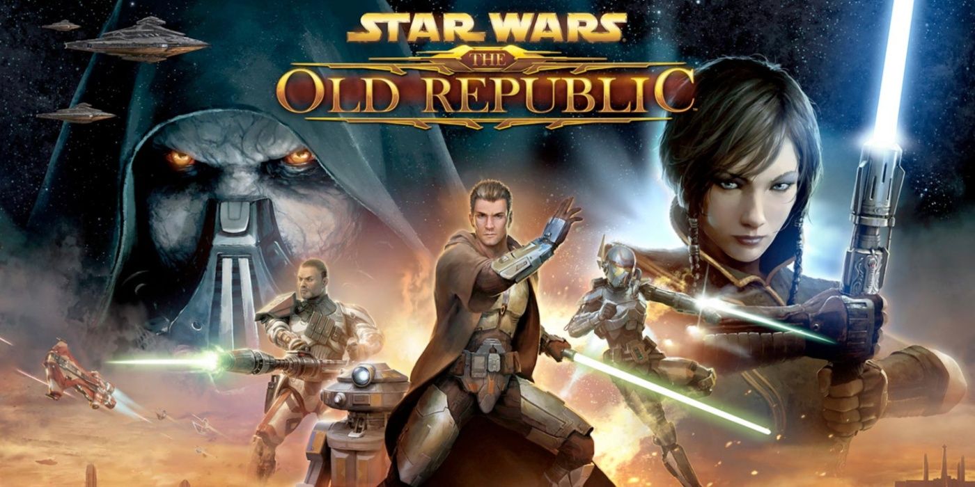 Arte promocional de Star Wars: The Old Republic com uma colagem de Sith, Jedi e muito mais.