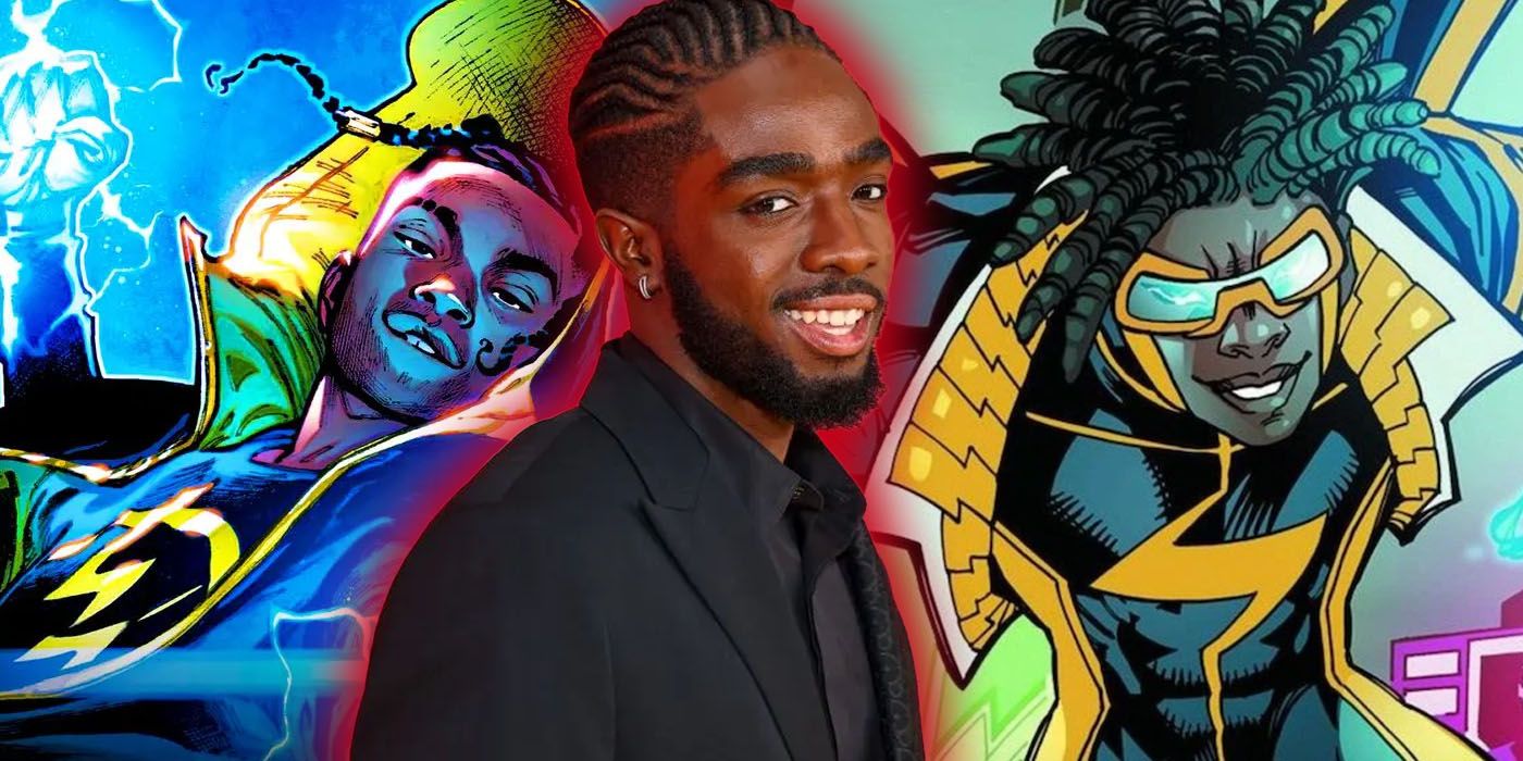 Two images of DC superhero Static using his powers with actor Caleb Mclaughlin inbetween them. 