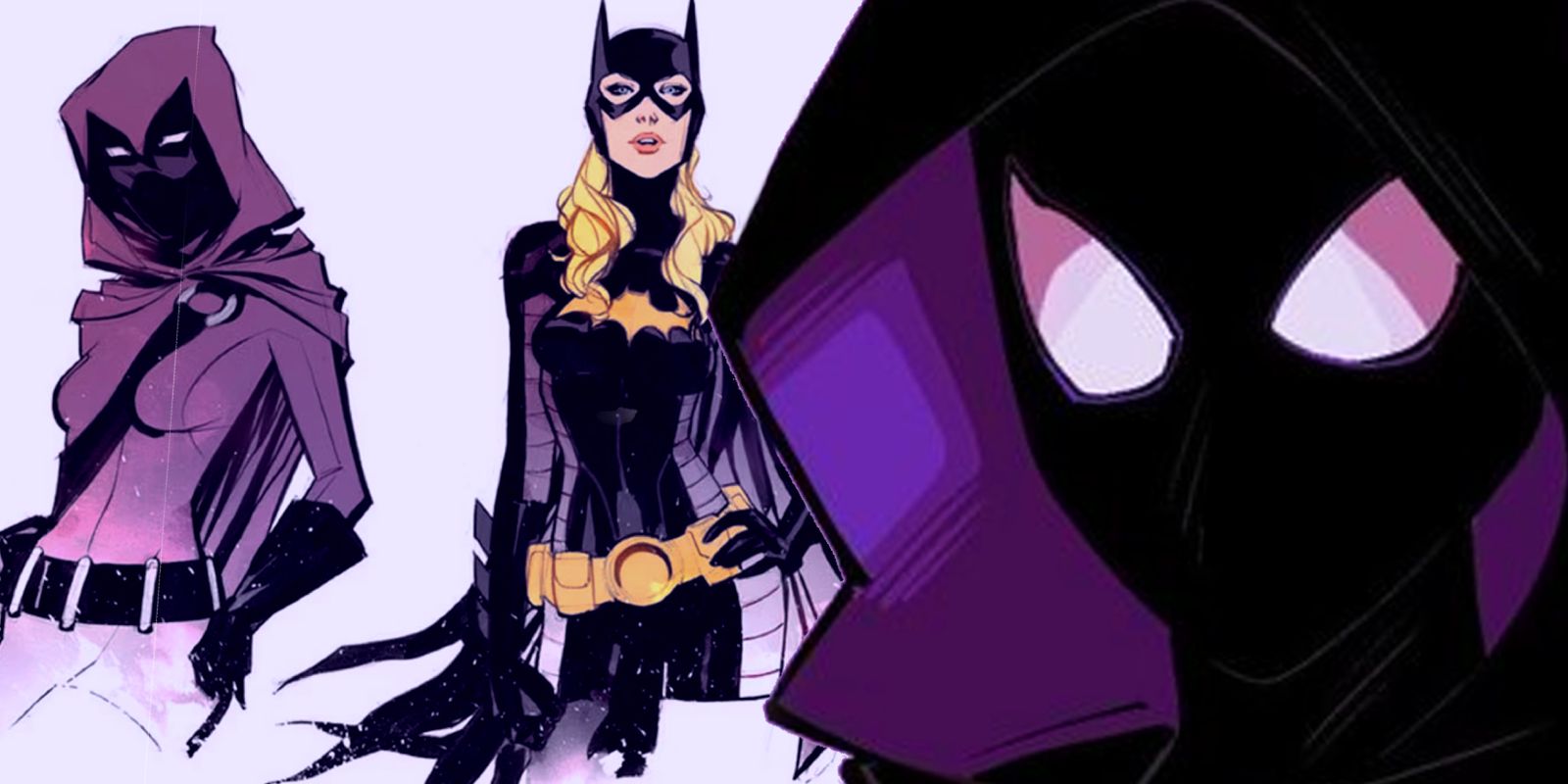 Three versions of Stephanie Brown standing together, including her Spoiler and Batgirl costumes.
