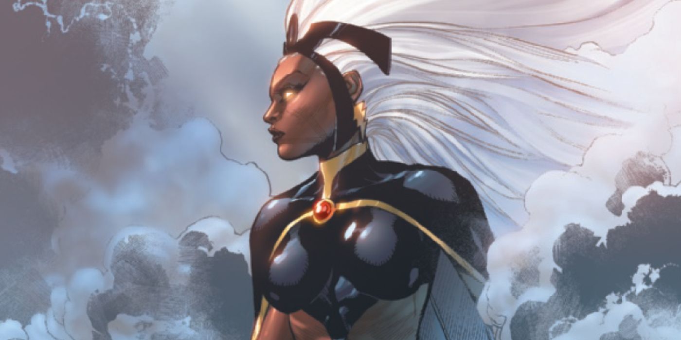 Storm standing amongst the clouds in her classic black costume, her eyes glowing gold and her flowing white hair becoming one with the skyscape.