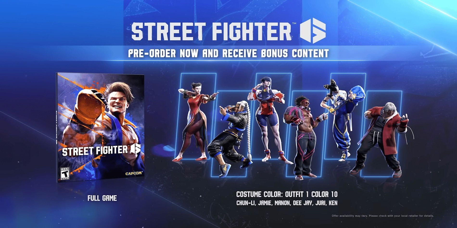 Street Fighter 6 preorder bonus content consisting of different character color costumes
