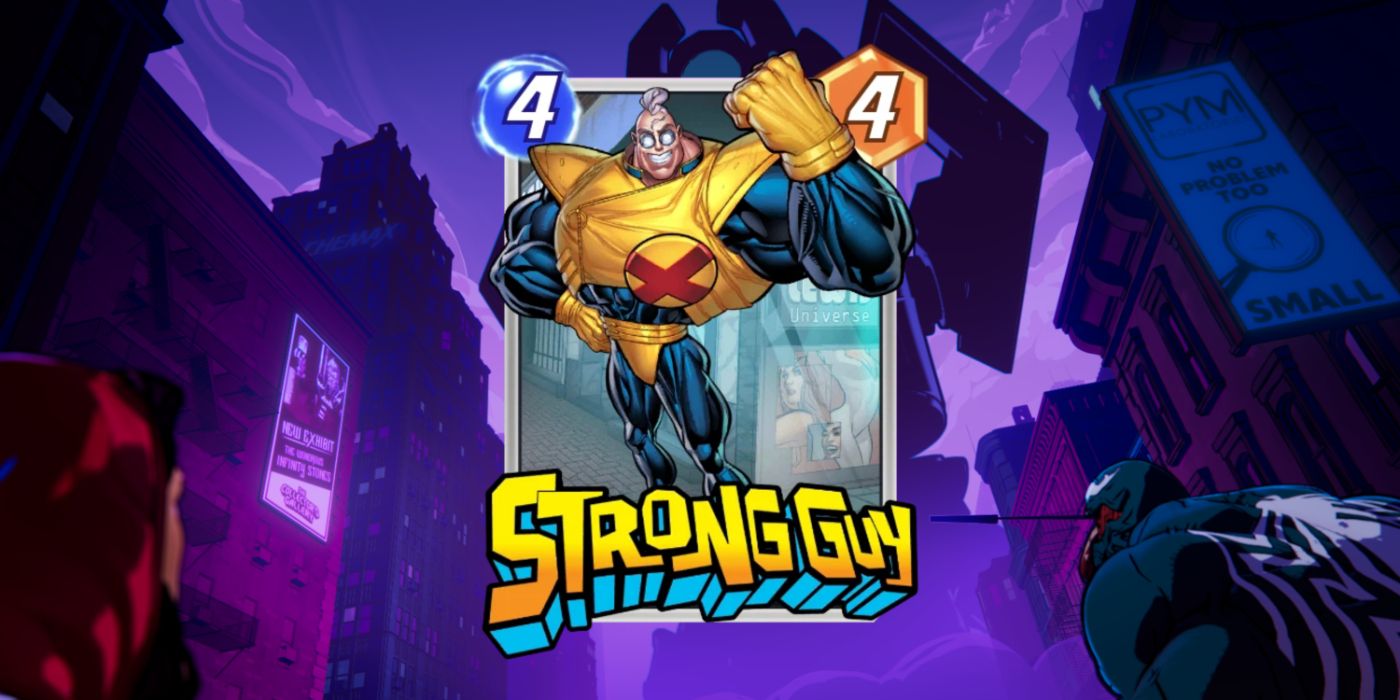 Cartão de Strong Guy em Marvel Snap contra imagem promocional