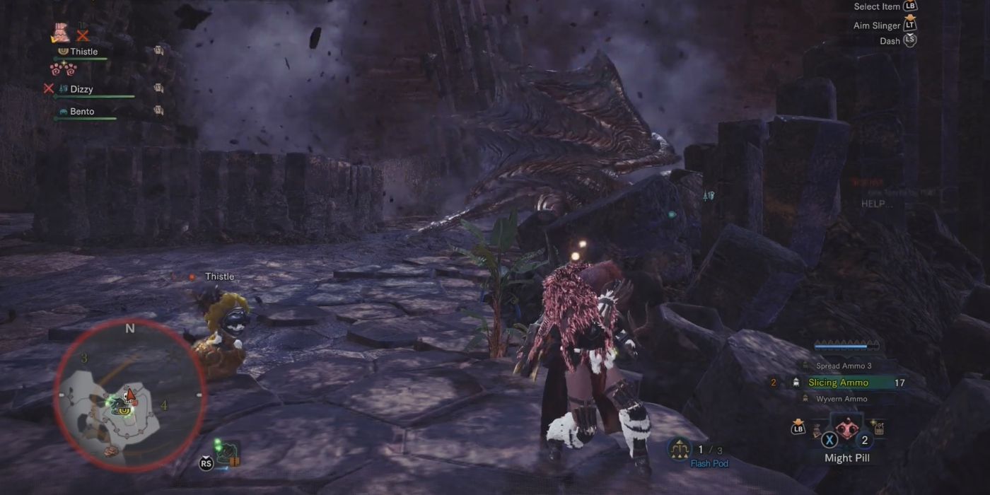 Um palico salvando um caçador atordoado em Monster Hunter: World