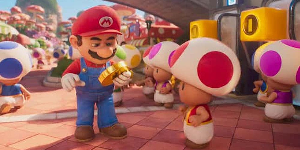 Mario investigates a coin in the Mushroom Kingdom in The Super Mario Bros. Movie
