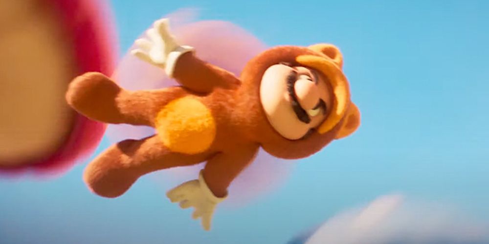 Mario voa com o Tanooki Suit em The Super Mario Bros. Movie