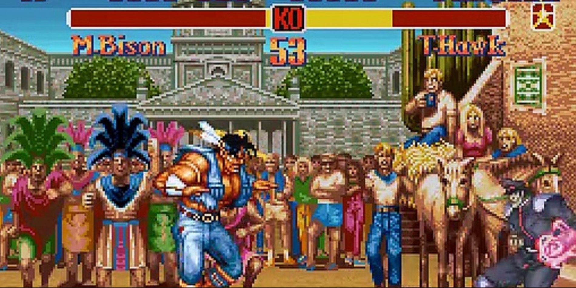 T. Hawk fights M. Bison in Super Street Fighter II: The New Challengers