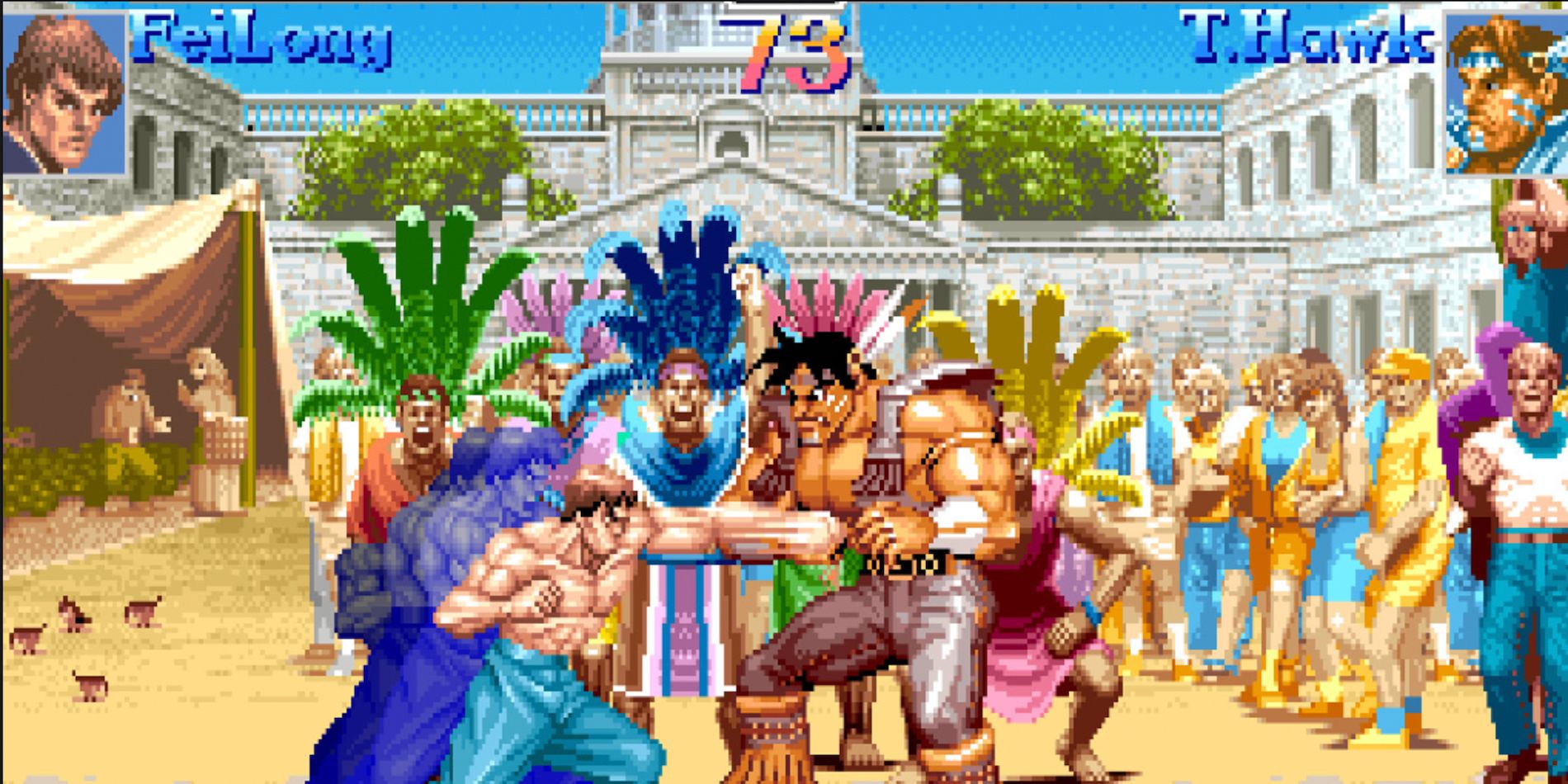 A fight between Fei-Long and T. Hawk from Super Street Fighter II Turbo
