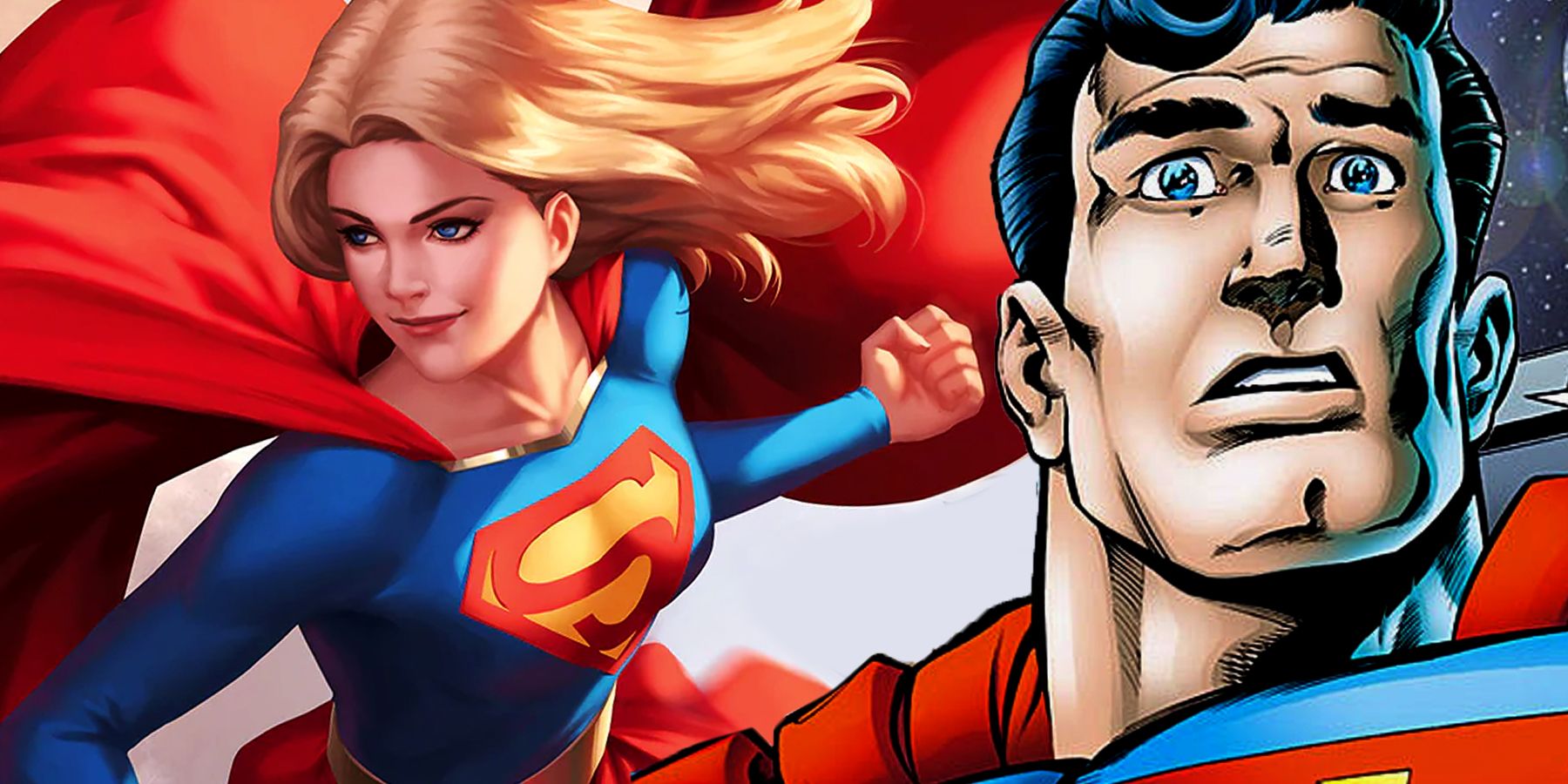 Supergirl next to a surprised Superman