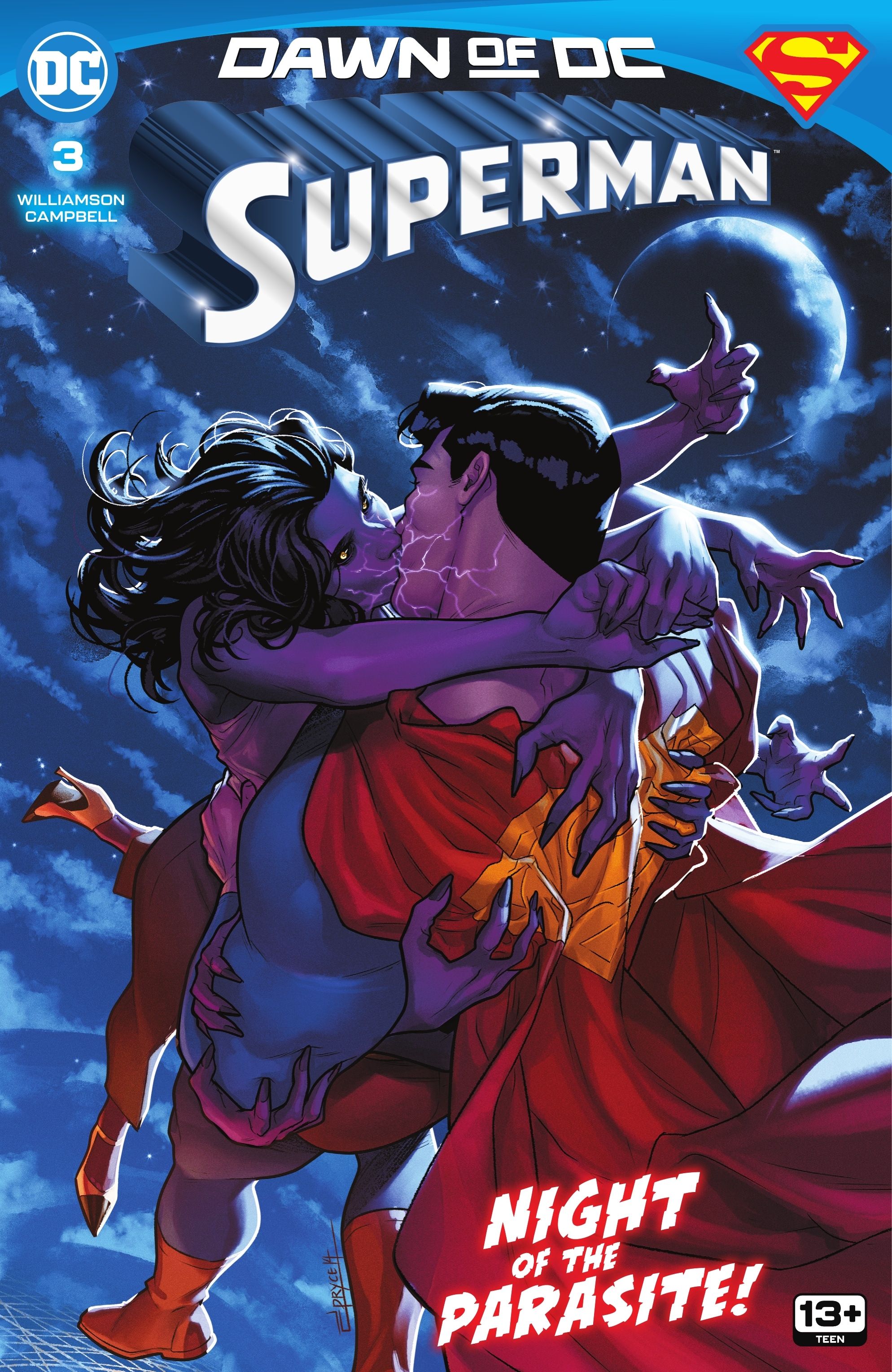 Superman and Lois Lane Kiss in the air on the cover of Superman #3