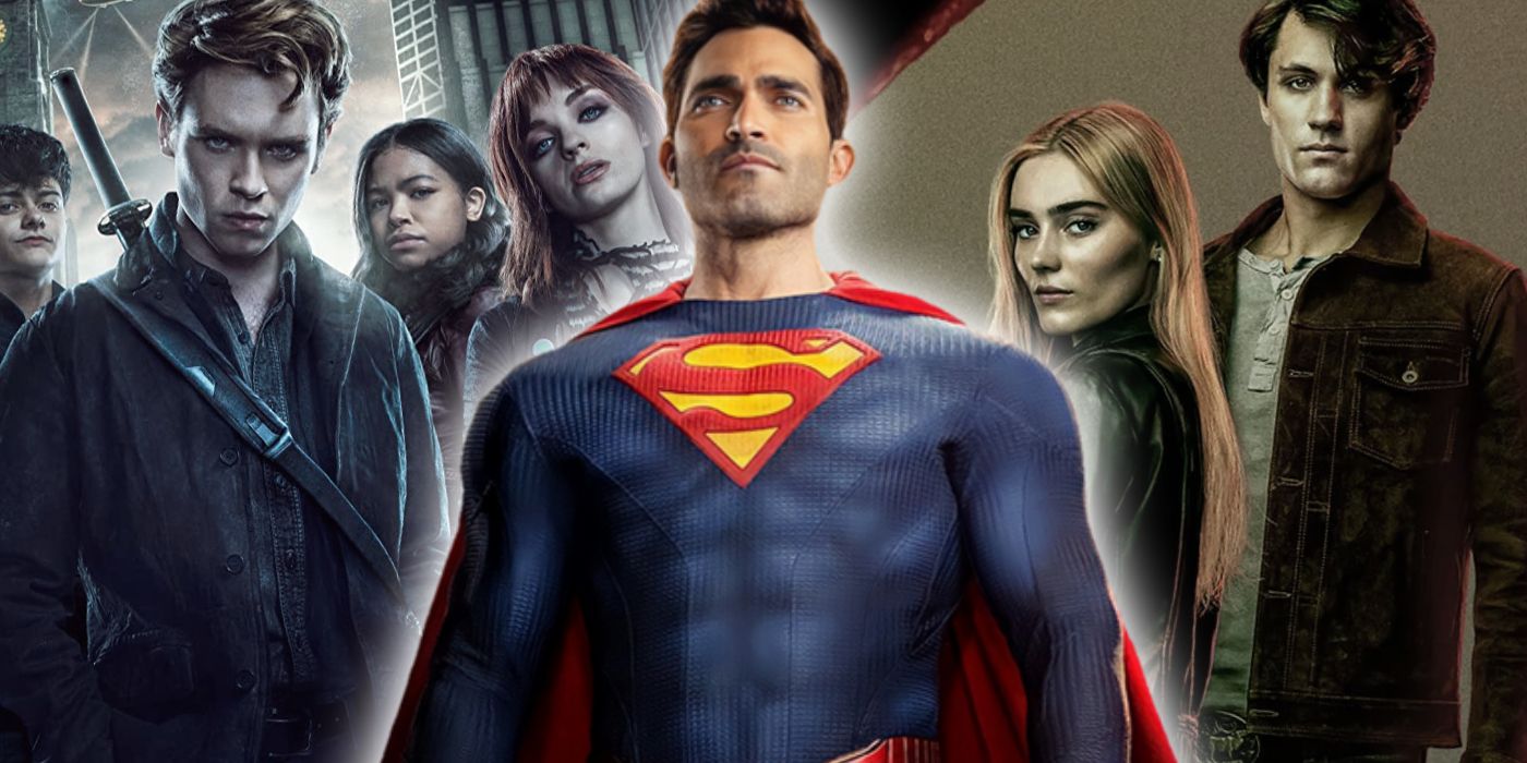 Tyler Hoechlin's Superman with posters for Gotham Knights and The Winchesters on either side of him