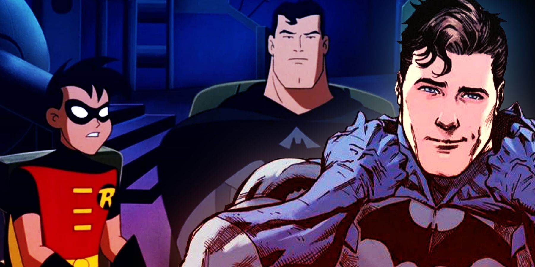 On the left, Robin sits with Superman (who is dressed as Batman) in the Batcave. On the right, Superman takes off the Batman cowl.