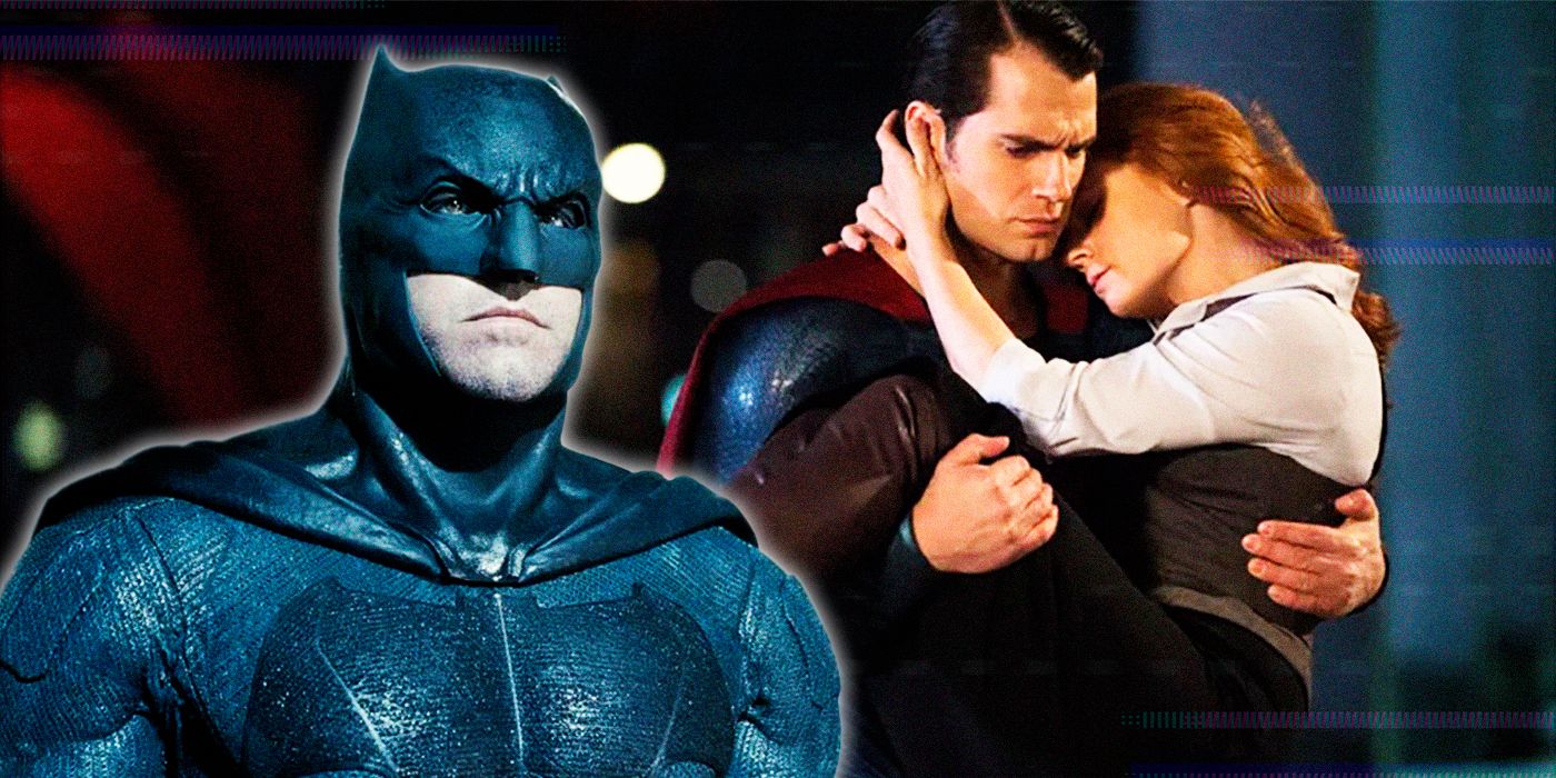 Zack Snyder's Batman looking solemn while Superman holds Lois Lane