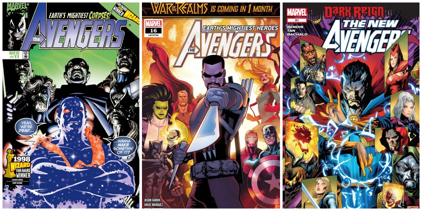 Split Image of Avengers #11 with Wonder Man, Avengers #16 with Blade, and New Avengers #51 with Dr. Strange