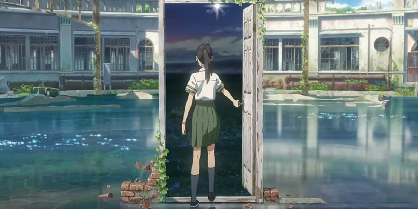 The main character opening a door surrounded by water in Suzume