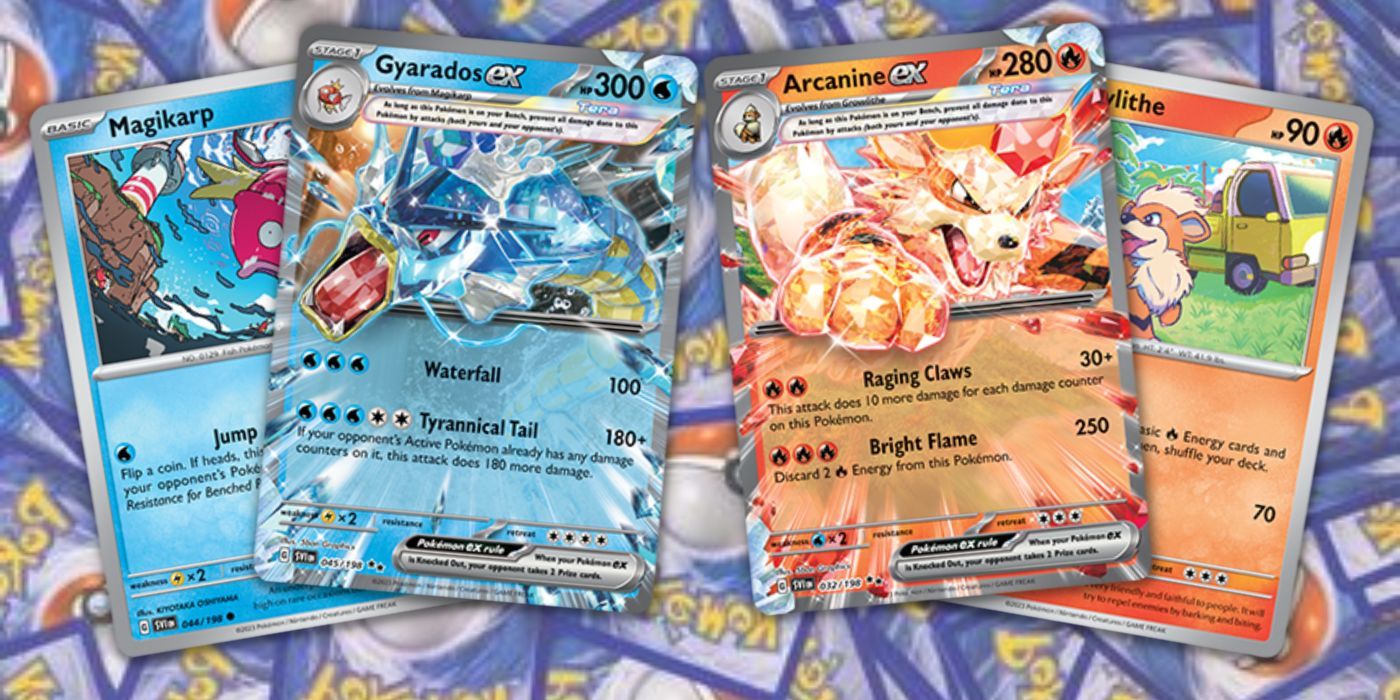 4 cartas Pokémon Estampas Ilustradas da série Scarlet & Violet: Magikarp, Gyarados-ex, Arcanine-ex e Growlithe