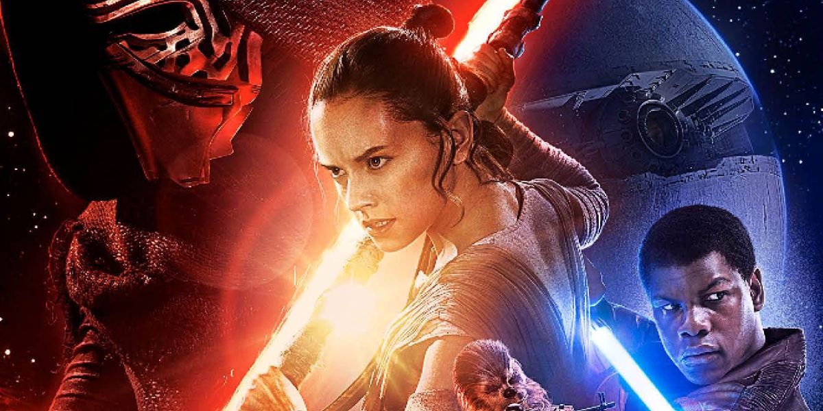 Poster art for Star Wars: The Force Awakens featuring Rey, Kylo Ren and Finn