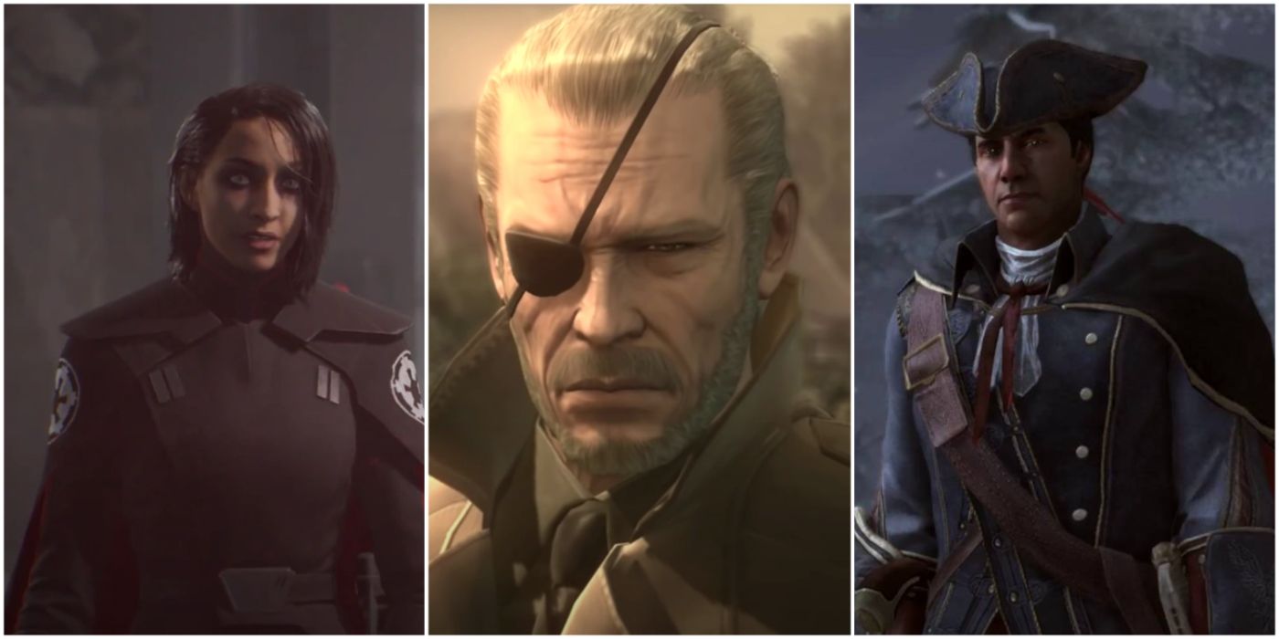 A split image showing Second Sister from Star Wars Jedi: Fallen Order, Big Boss from Metal Gear Solid 3, and Haytham Kenway from Assassin's Creed III.