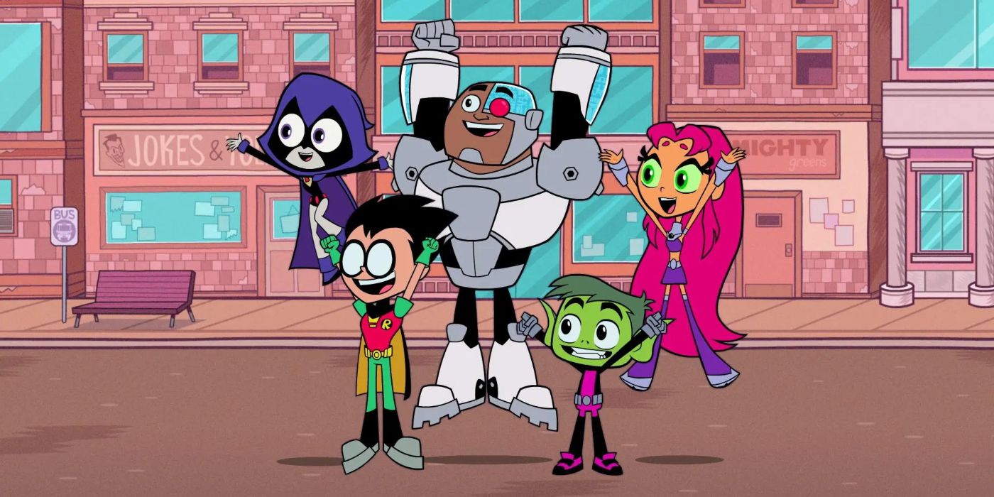 Raven, Robin, Cyborg, Beastboy, and Starfire jump for joy in Teen Titans Go!