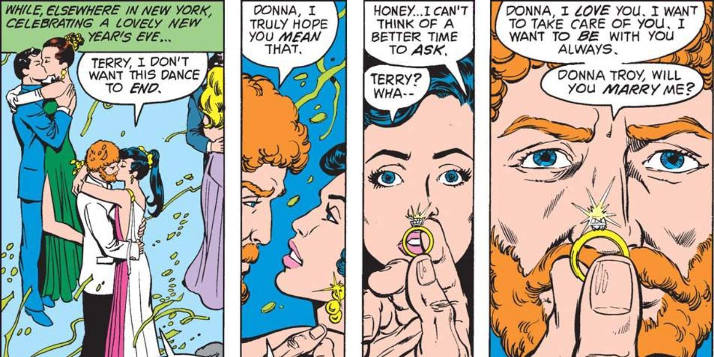Terry Long asks Donna Troy to marry him in The New Teen Titans.