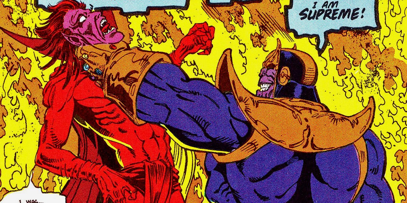Thanos strangling Mephisto with flames in the background from Marvel Comics