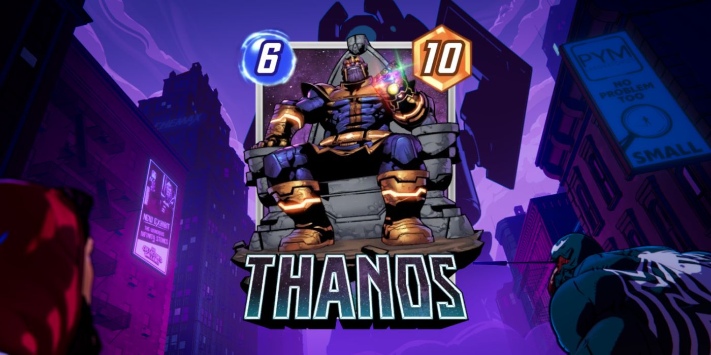 O cartão de Thanos em um fundo promocional no Marvel Snap