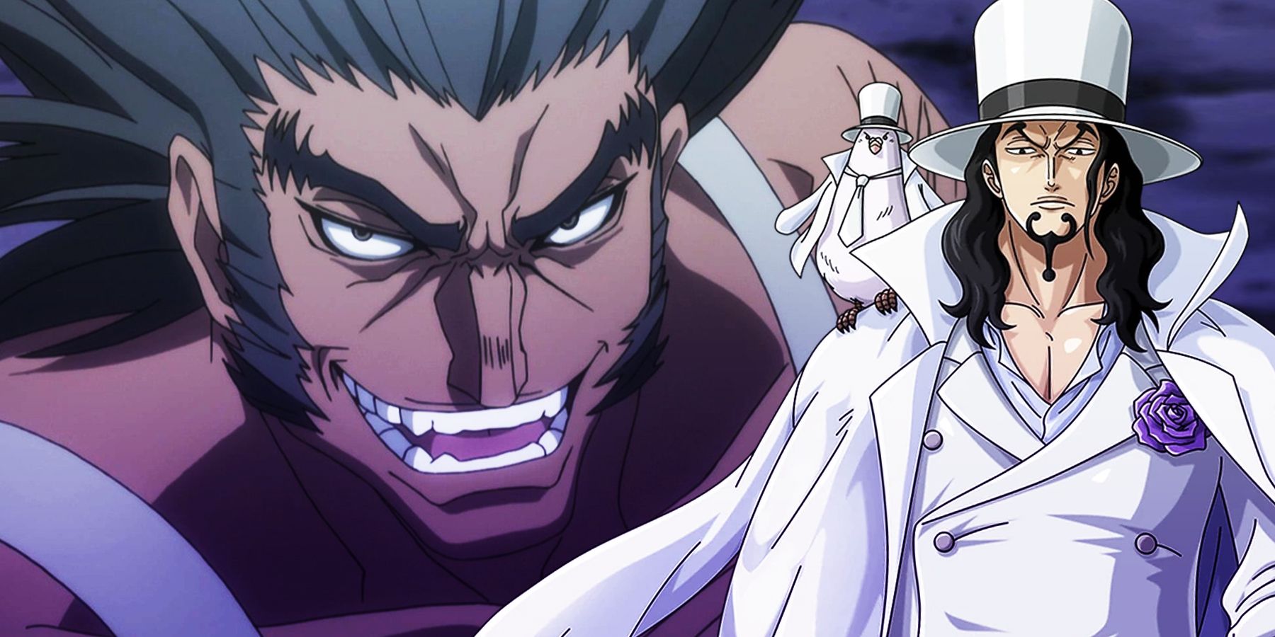 On the left, Uvogin from 'Hunter X Hunter' smiles. On the right, Rob Lucci of 'One Piece' stands tall and glares.