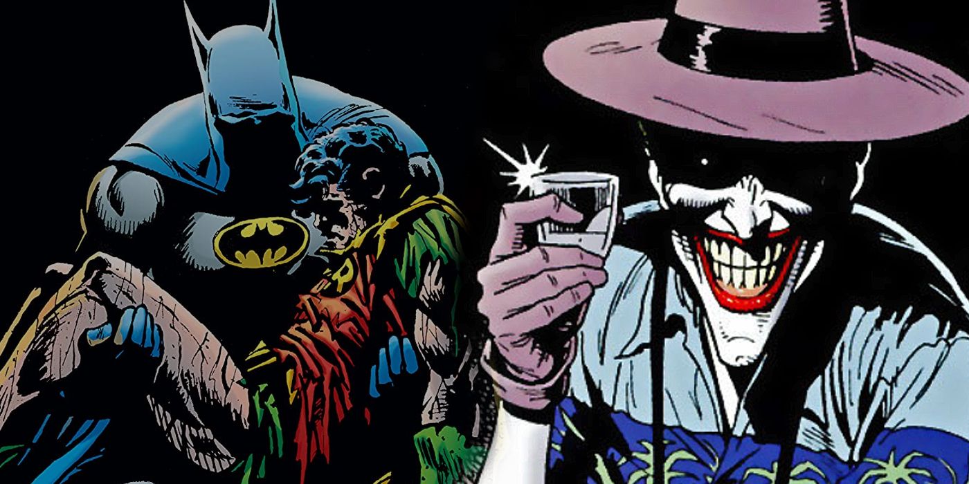 Split image of Joker toasting with Batman holding a dead Robin.