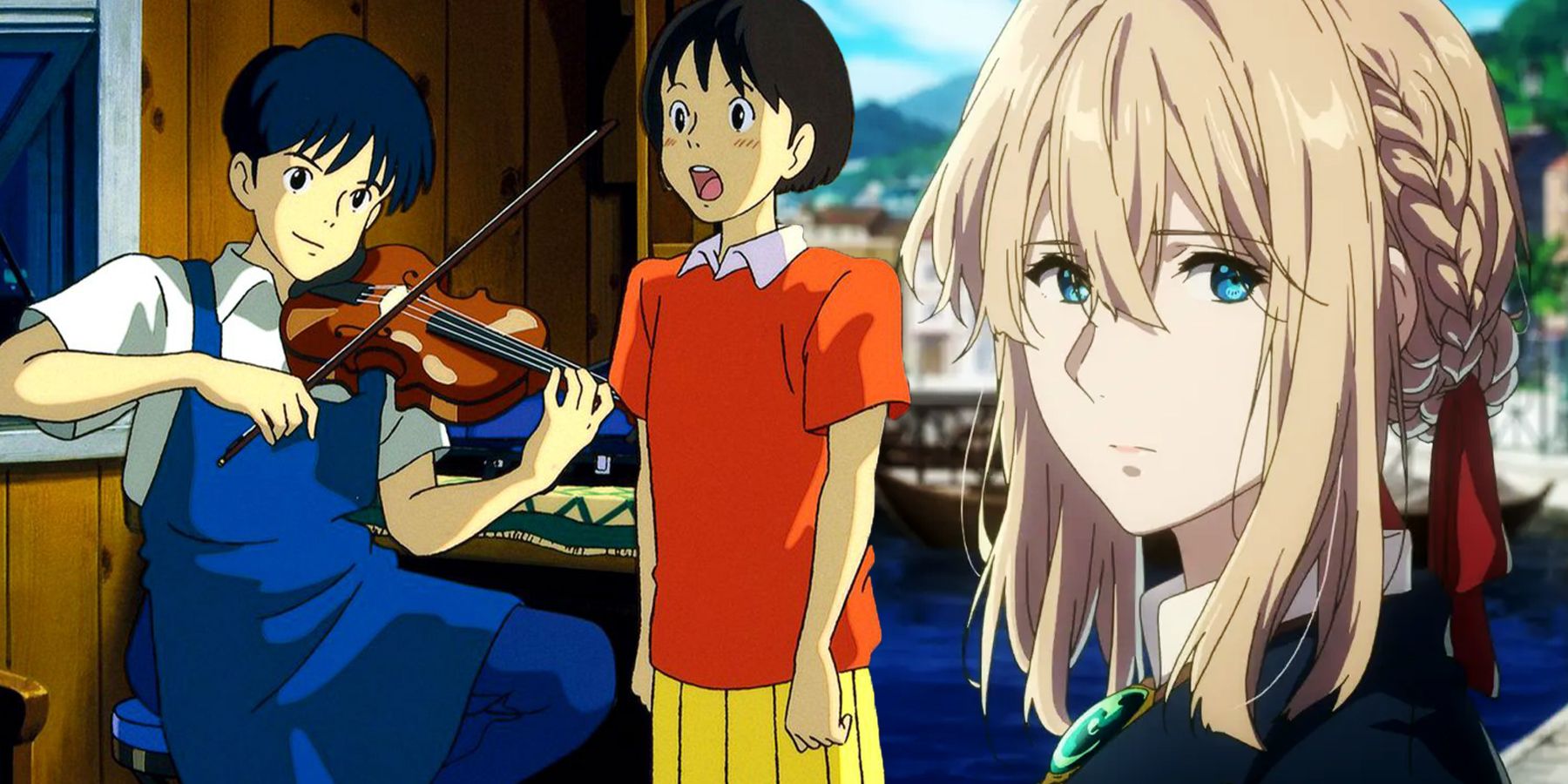 On the left, Seiji plays the violin while Shizuku sings from movie 'A Whisper of the Heart'. On the right, Vilet of series 'Violet Evergarden' glances over her left shoulder with a solemn expression.