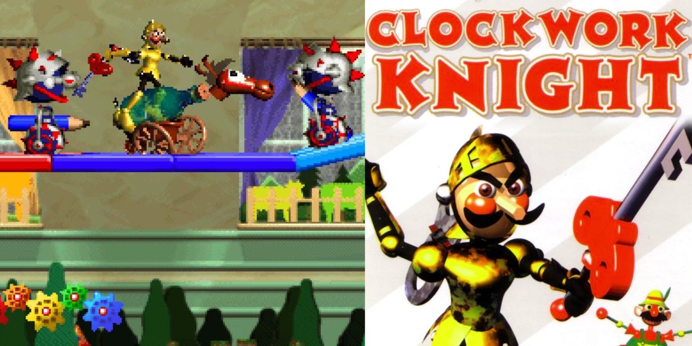 O Clockwork Knight monta um canhão de brinquedo ao longo de uma plataforma em Clockwork Knight.