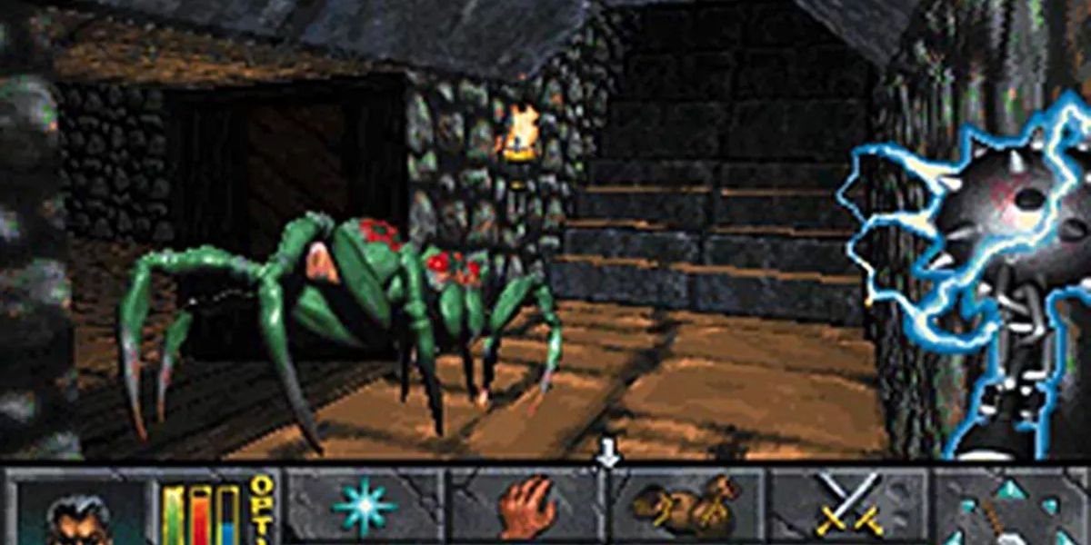 Um jogador lutando contra uma aranha em uma masmorra The Elder Scrolls II: Daggerfall