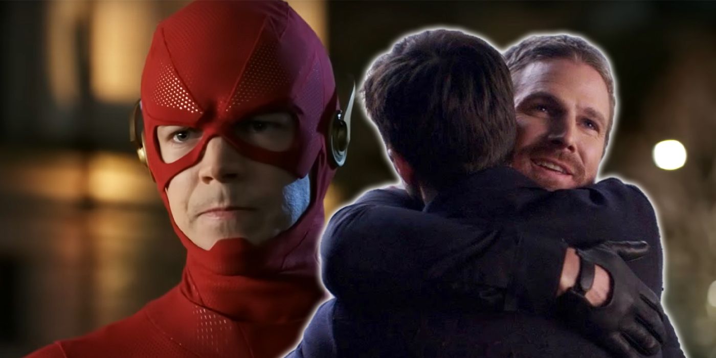 The Flash's face beside Barry Allen (Grant Gustin) and Oliver Queen/Green Arrow (Stephen Amell) hugging.