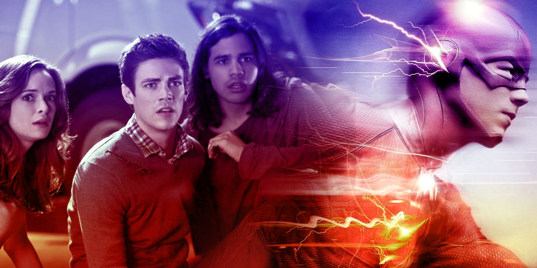 On the left, Caitlin Snow, Cisco Ramon and Barry Allen sit in the road looking shocked. On the right, The Flash is sprinting with webs of energy surrounding him.