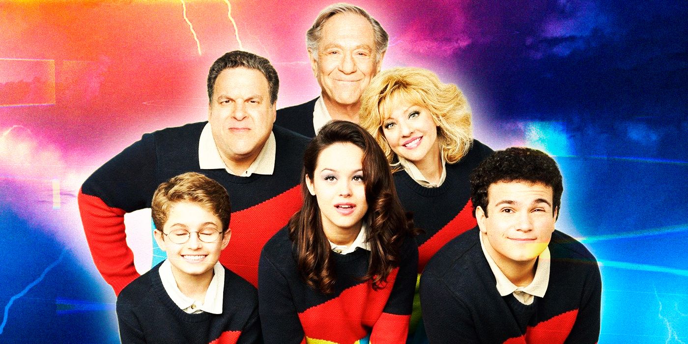 The main cast of The Goldbergs in front of a Back to the Future-esque background
