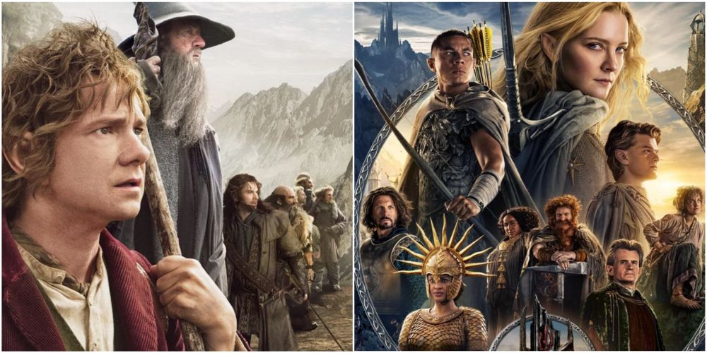 A split image featuring characters from The Hobbit and from The Rings of Power