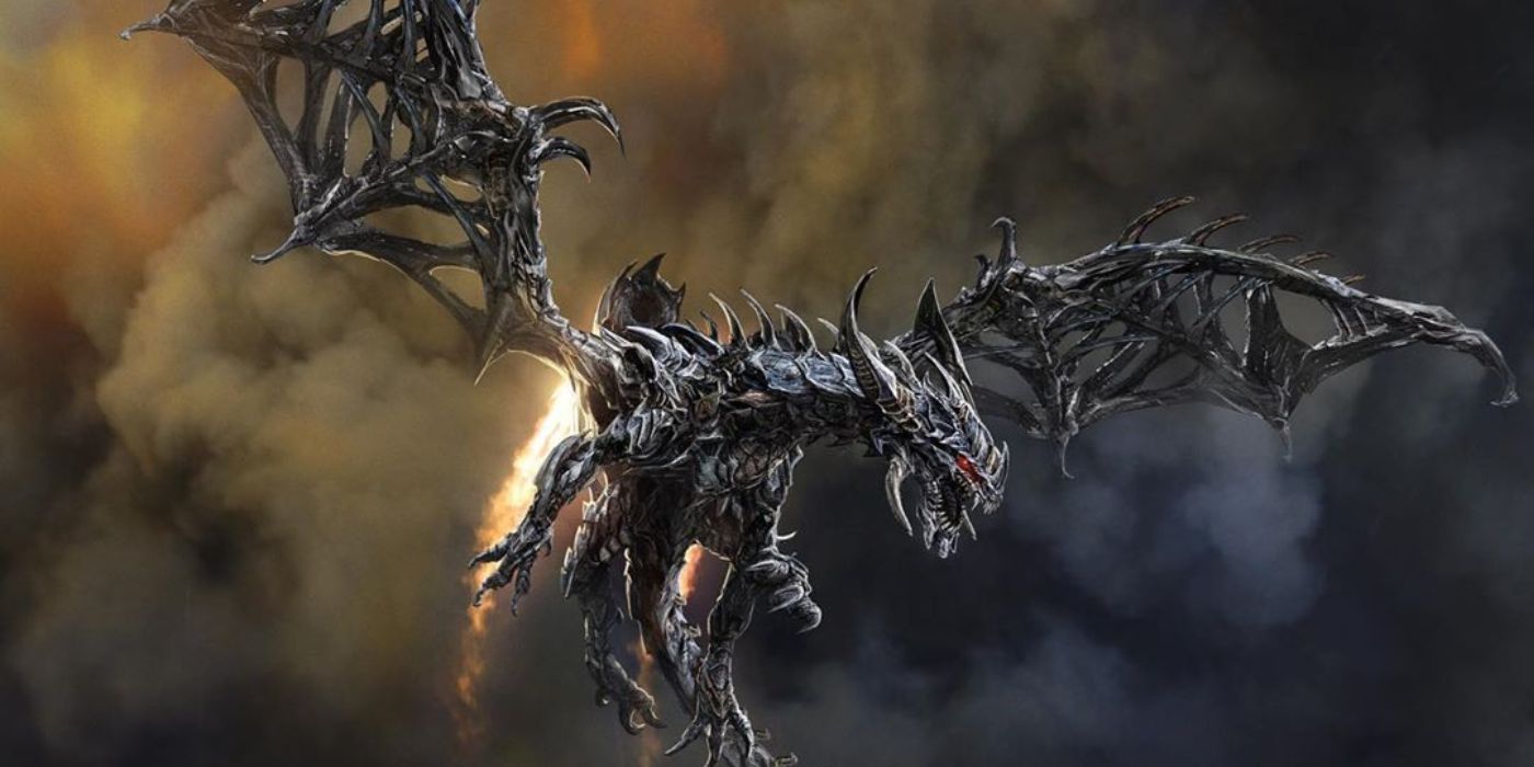 Transformers: The Last Knight's alternate Megatron dragon flying in the air.