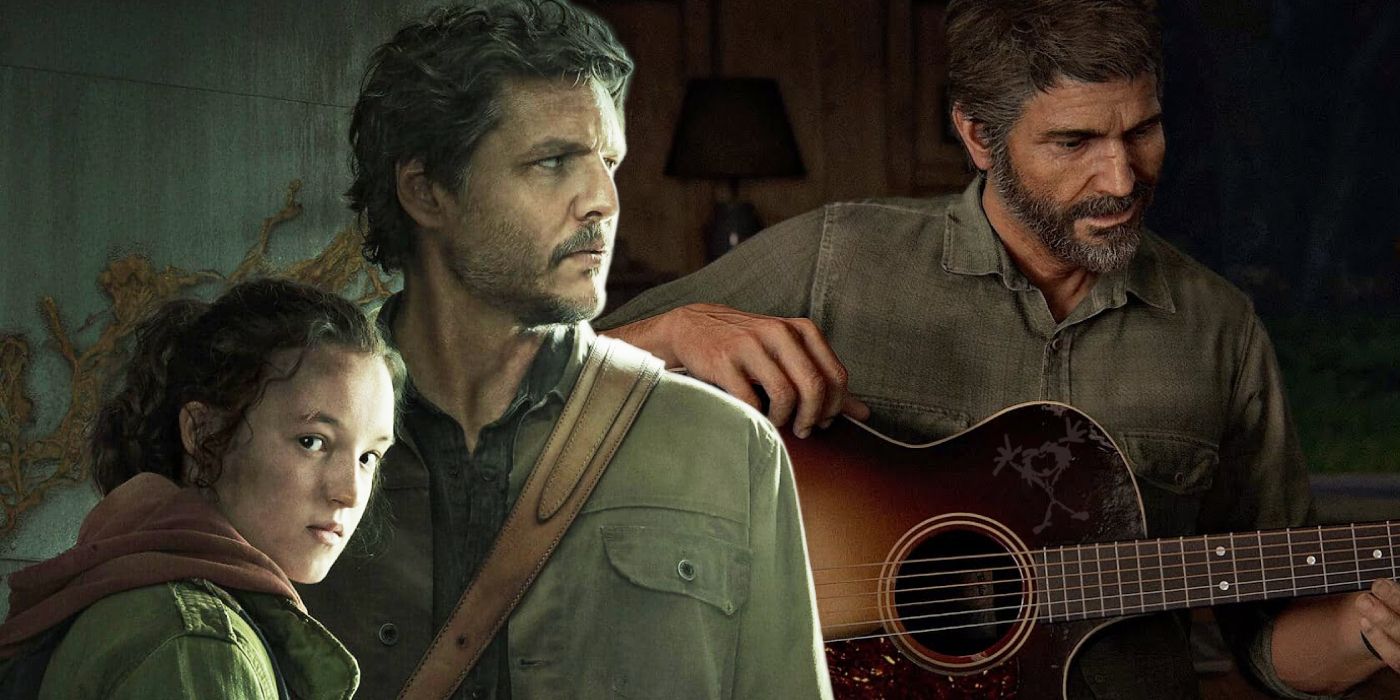 Image of Joel and Ellie from The Last of Us TV show next to an image of Joel from The Last of Us video game playing the guitar - the guitar has a hidden Pearl Jam logo