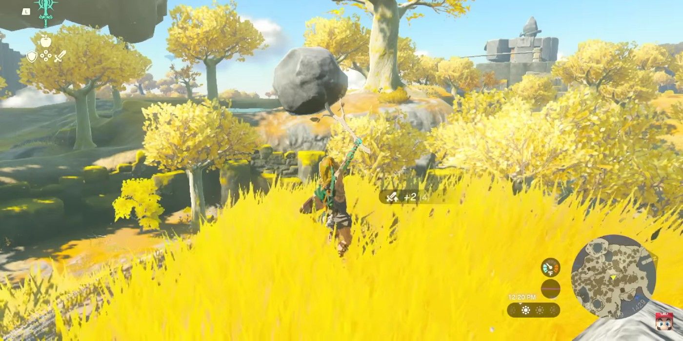 The Legend of Zelda: Tears of the Kingdom - Link fuses a weapon in a wheat field