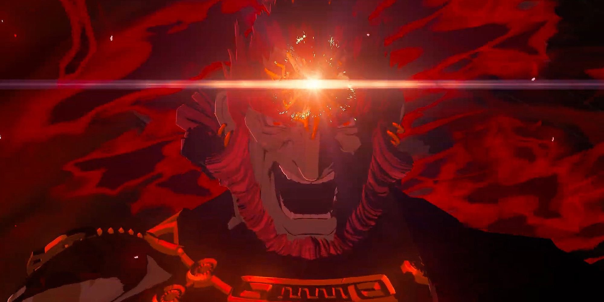 Um Ganon zangado com uma luz vermelha brilhante na testa e um fundo vermelho ameaçador