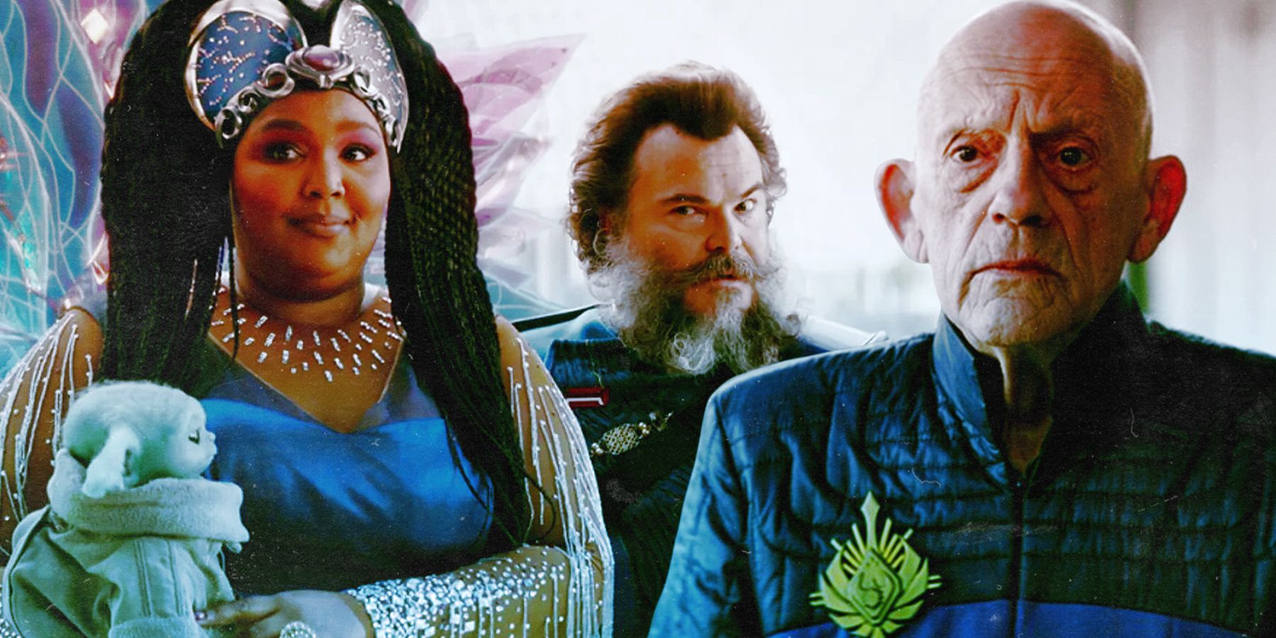 On the left, The Duchess, played by Lizzo, holds Grogu and smiles coyly as Captain Bombardier, played by Jack Black, stands beside her and arches his brows while in conversation. On the right, Commissioner Helgait, played by Christopher Lloyd, stares solemnly. 